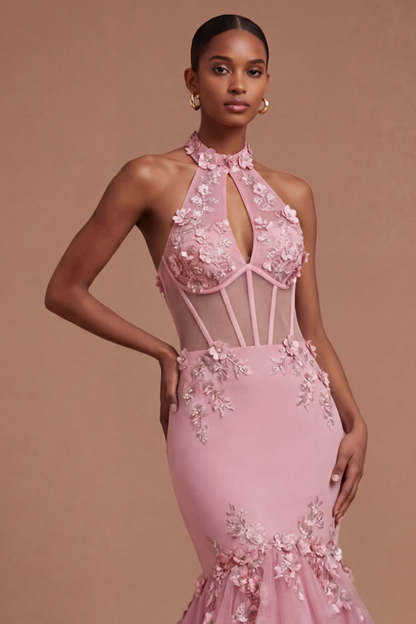 Halter Neck Floral Appliqued Corset Taro Long Prom Dress