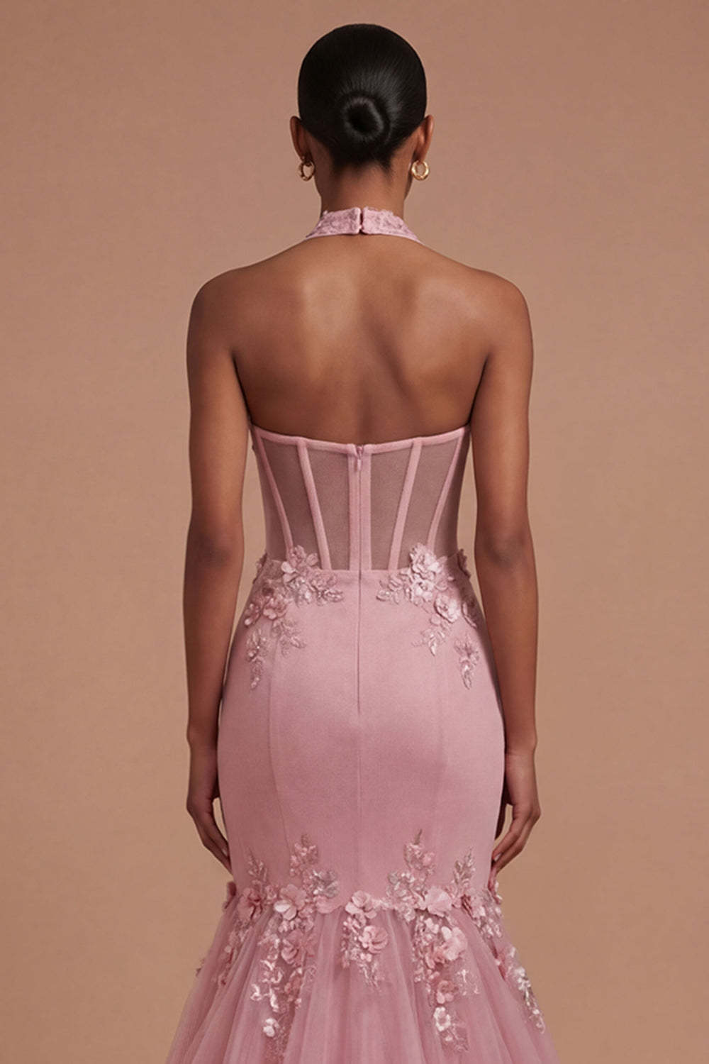 Halter Neck Floral Appliqued Corset Taro Long Prom Dress