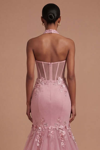 Halter Neck Floral Appliqued Corset Taro Long Prom Dress