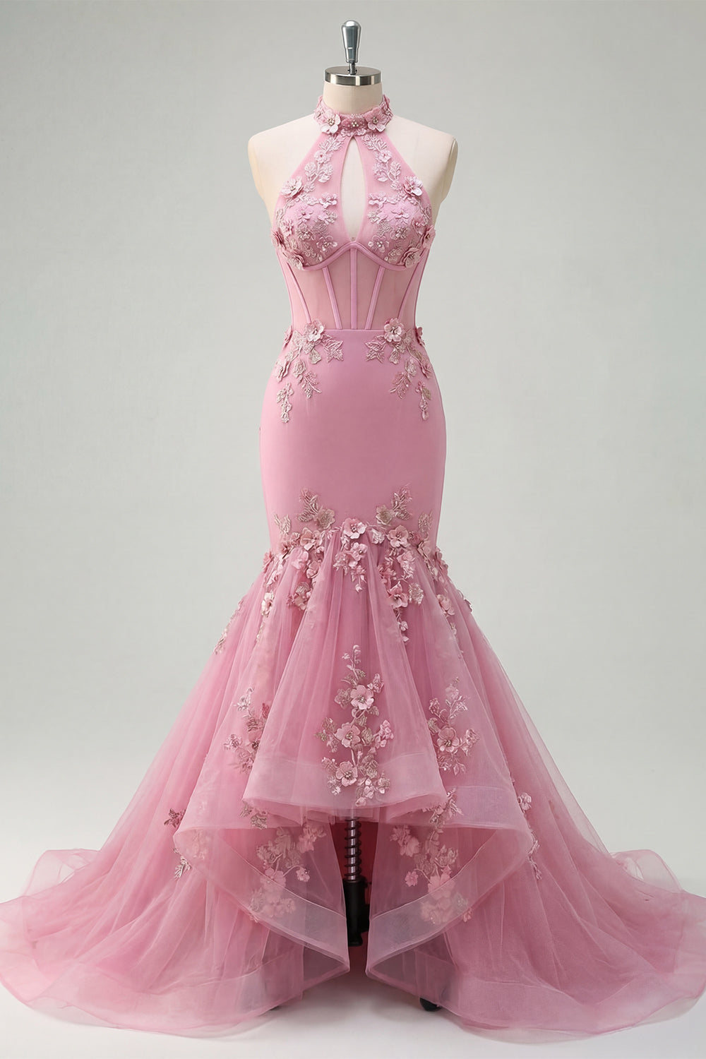 Halter Neck Floral Appliqued Corset Taro Long Prom Dress