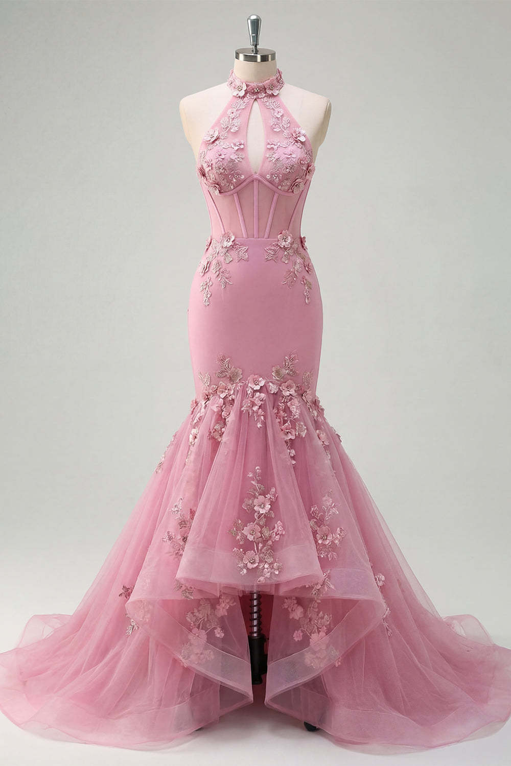 Halter Neck Floral Appliqued Corset Taro Long Prom Dress