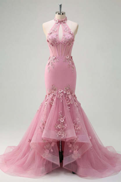 Halter Neck Floral Appliqued Corset Taro Long Prom Dress