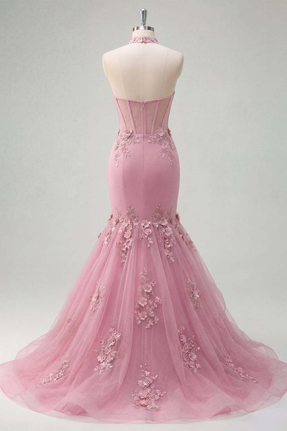 Halter Neck Floral Appliqued Corset Taro Long Prom Dress