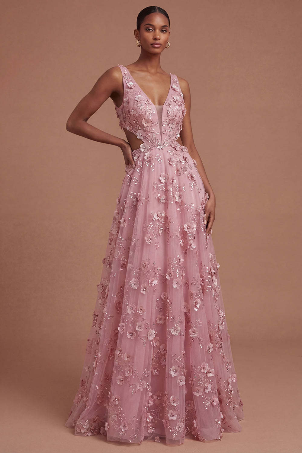 Leely Women Floral Taro A Line Appliqued Backless Long Prom Dress V Neck Sleeveless Wedding Guest Dress