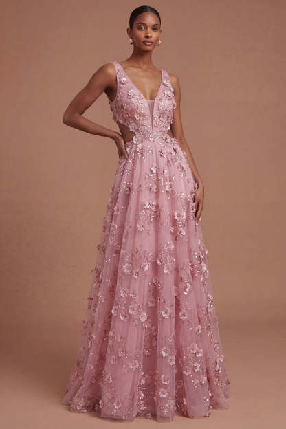 Leely Women Floral Taro A Line Appliqued Backless Long Prom Dress V Neck Sleeveless Wedding Guest Dress