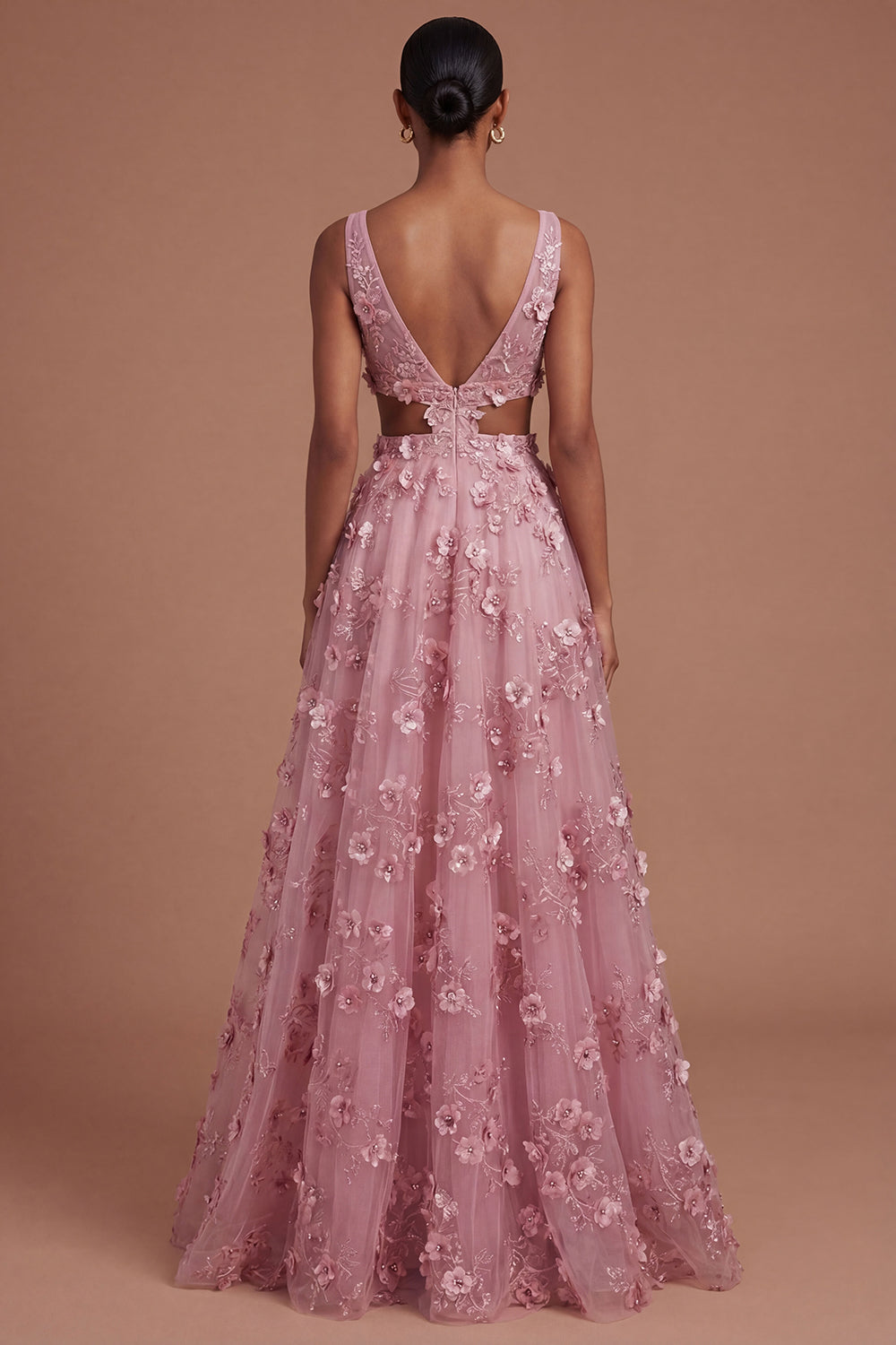 Floral Taro A Line Appliqued Backless Long Prom Dress