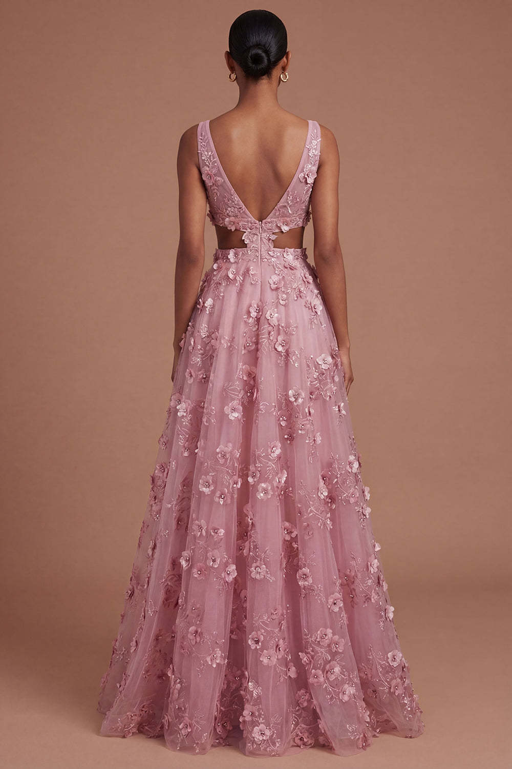 Floral Taro A Line Appliqued Backless Long Prom Dress