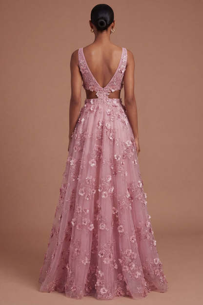 Floral Taro A Line Appliqued Backless Long Prom Dress