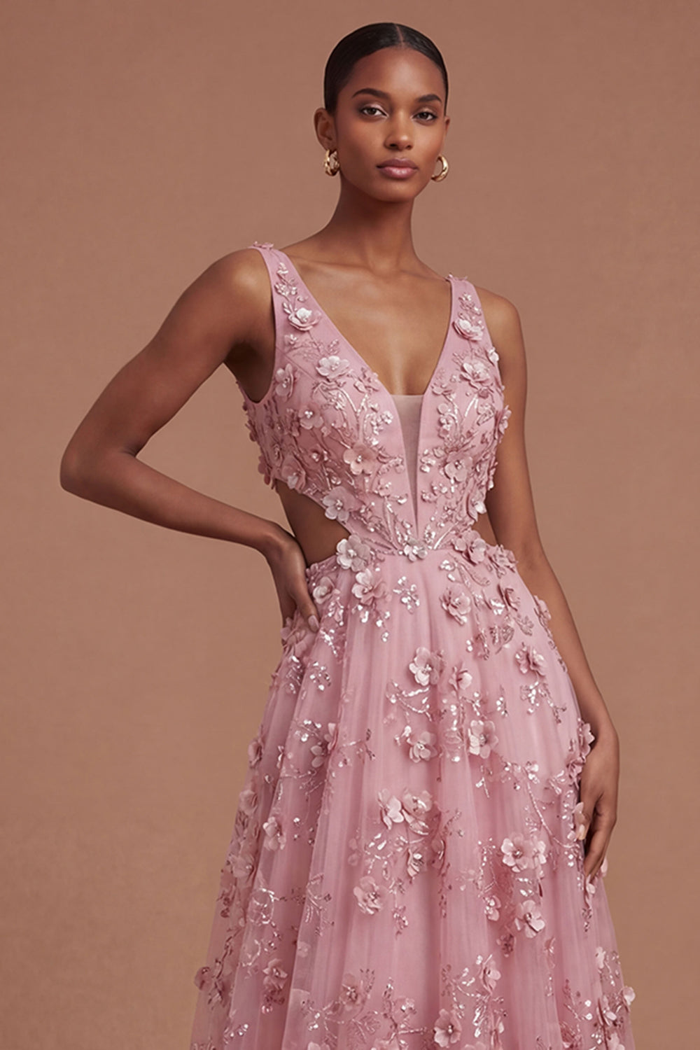 Floral Taro A Line Appliqued Backless Long Prom Dress
