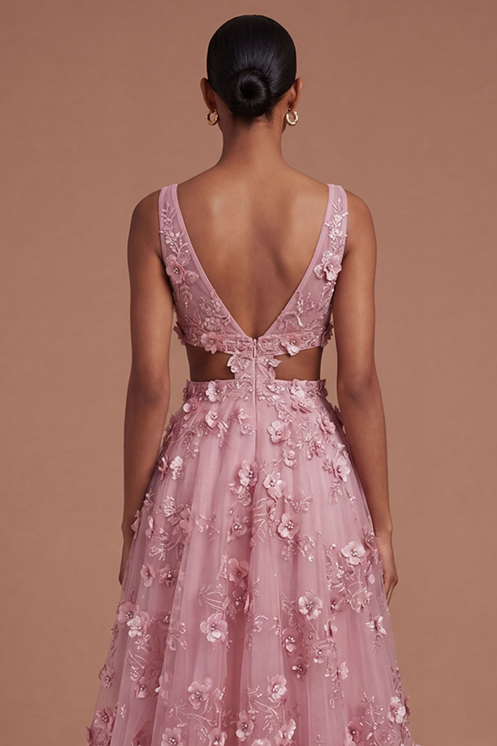 Floral Taro A Line Appliqued Backless Long Prom Dress