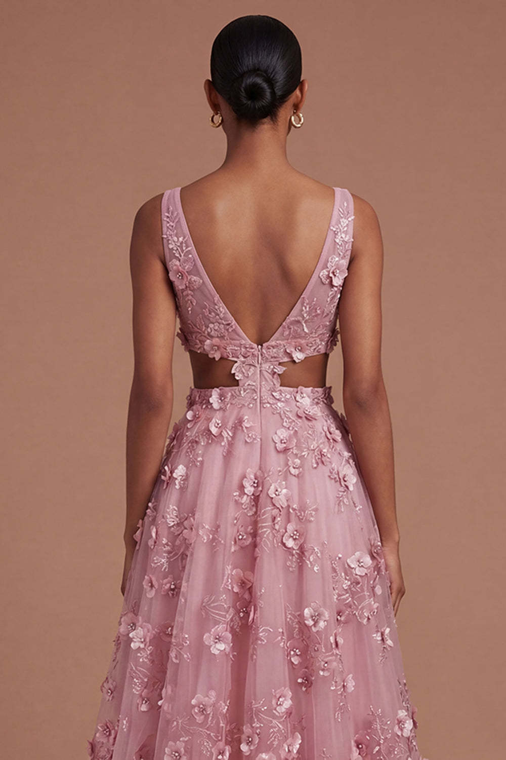 Floral Taro A Line Appliqued Backless Long Prom Dress