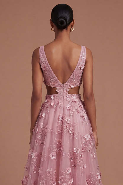Floral Taro A Line Appliqued Backless Long Prom Dress