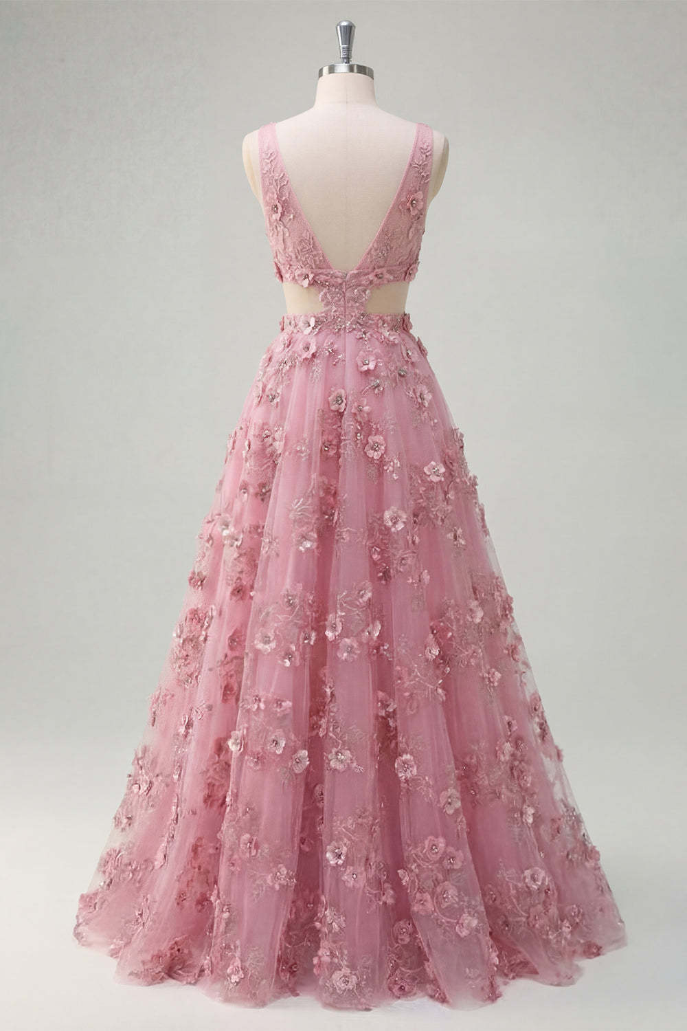 Floral Taro A Line Appliqued Backless Long Prom Dress