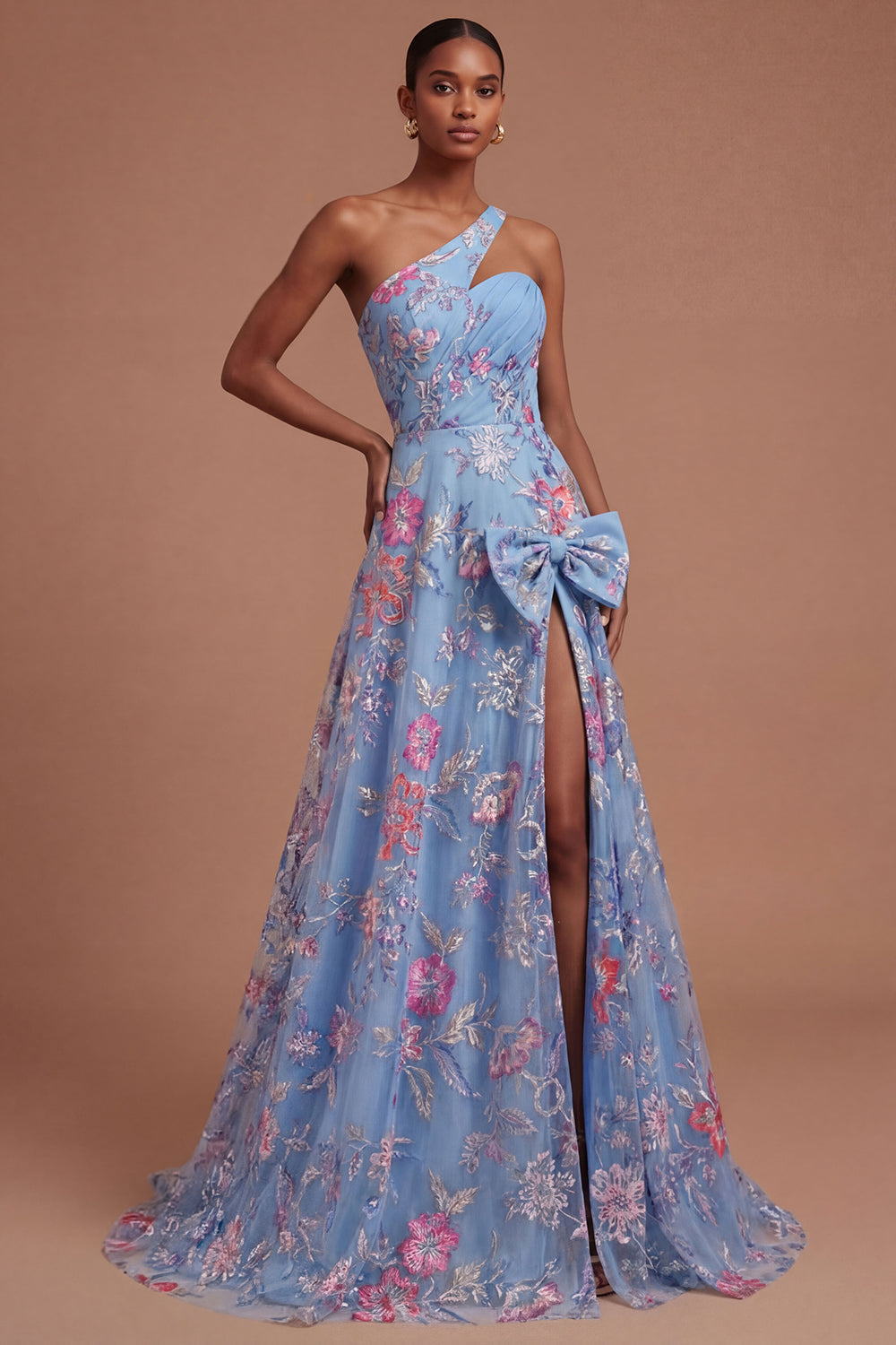 Leely Women Blue Floral A Line One Shoulder Ruched Long Prom Dress with Slit Backless Sleeveless Evening Dress