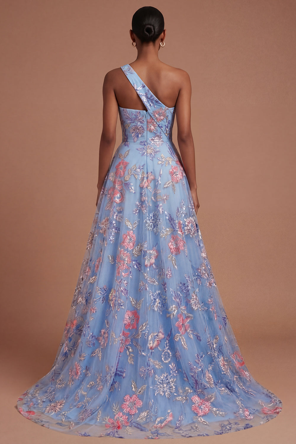 Blue Floral A Line One Shoulder Ruched Long Prom Dress with Slit