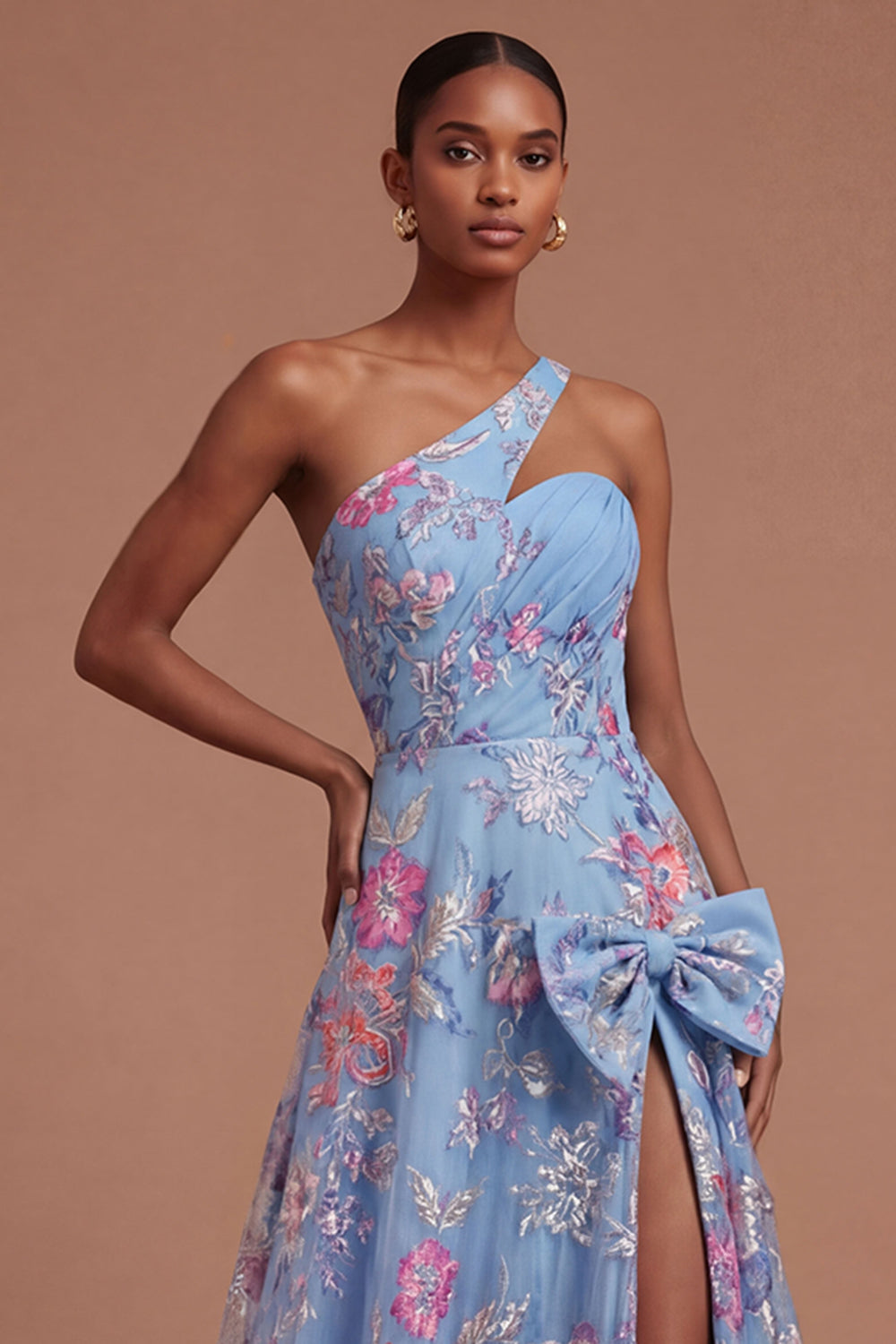Blue Floral A Line One Shoulder Ruched Long Prom Dress with Slit