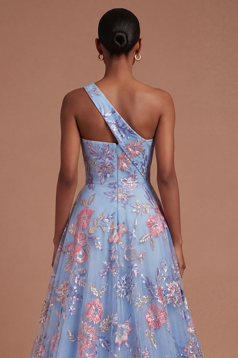 Blue Floral A Line One Shoulder Ruched Long Prom Dress with Slit
