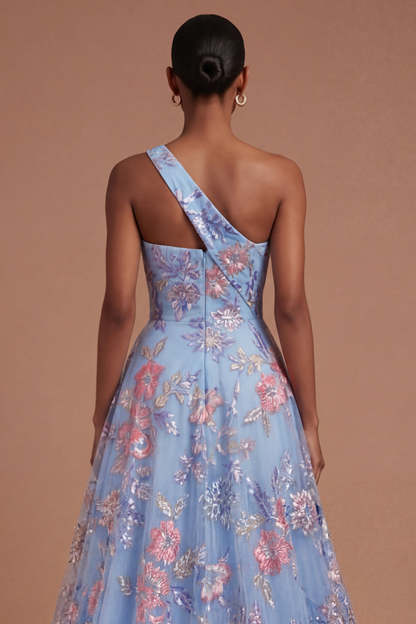 Blue Floral A Line One Shoulder Ruched Long Prom Dress with Slit