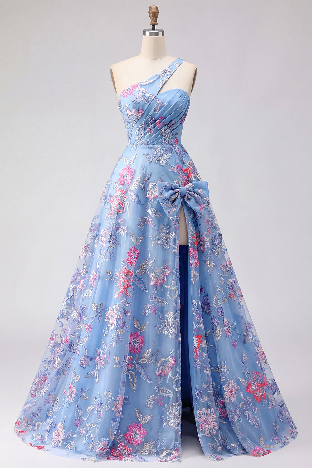 Blue Floral A Line One Shoulder Ruched Long Prom Dress with Slit