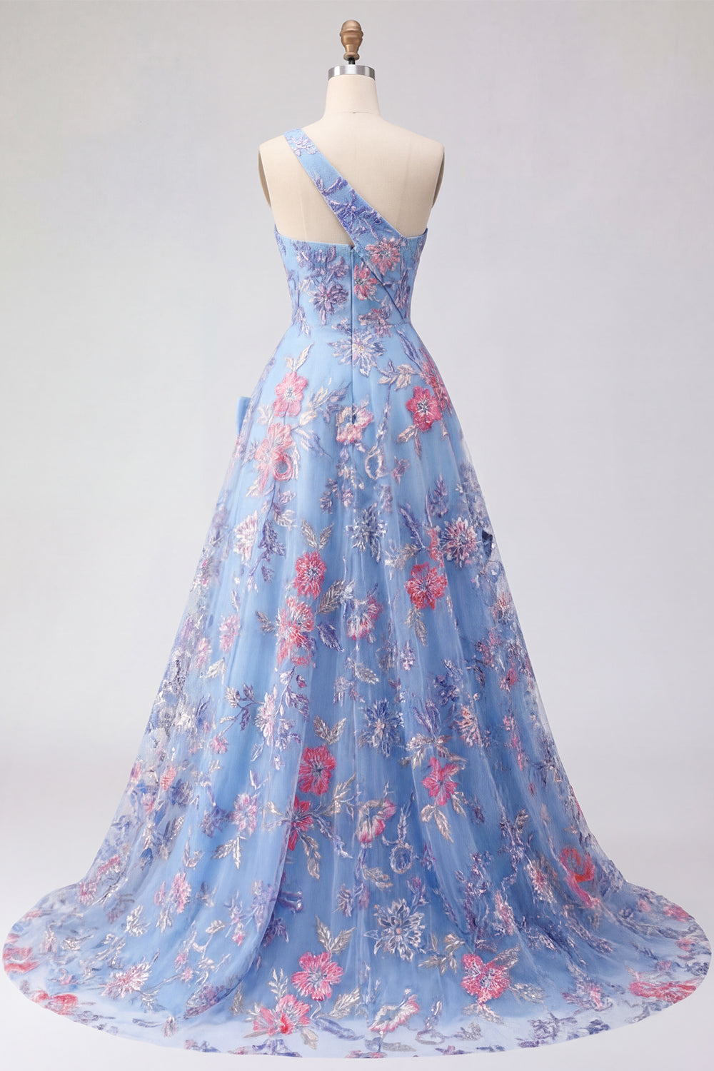 Blue Floral A Line One Shoulder Ruched Long Prom Dress with Slit