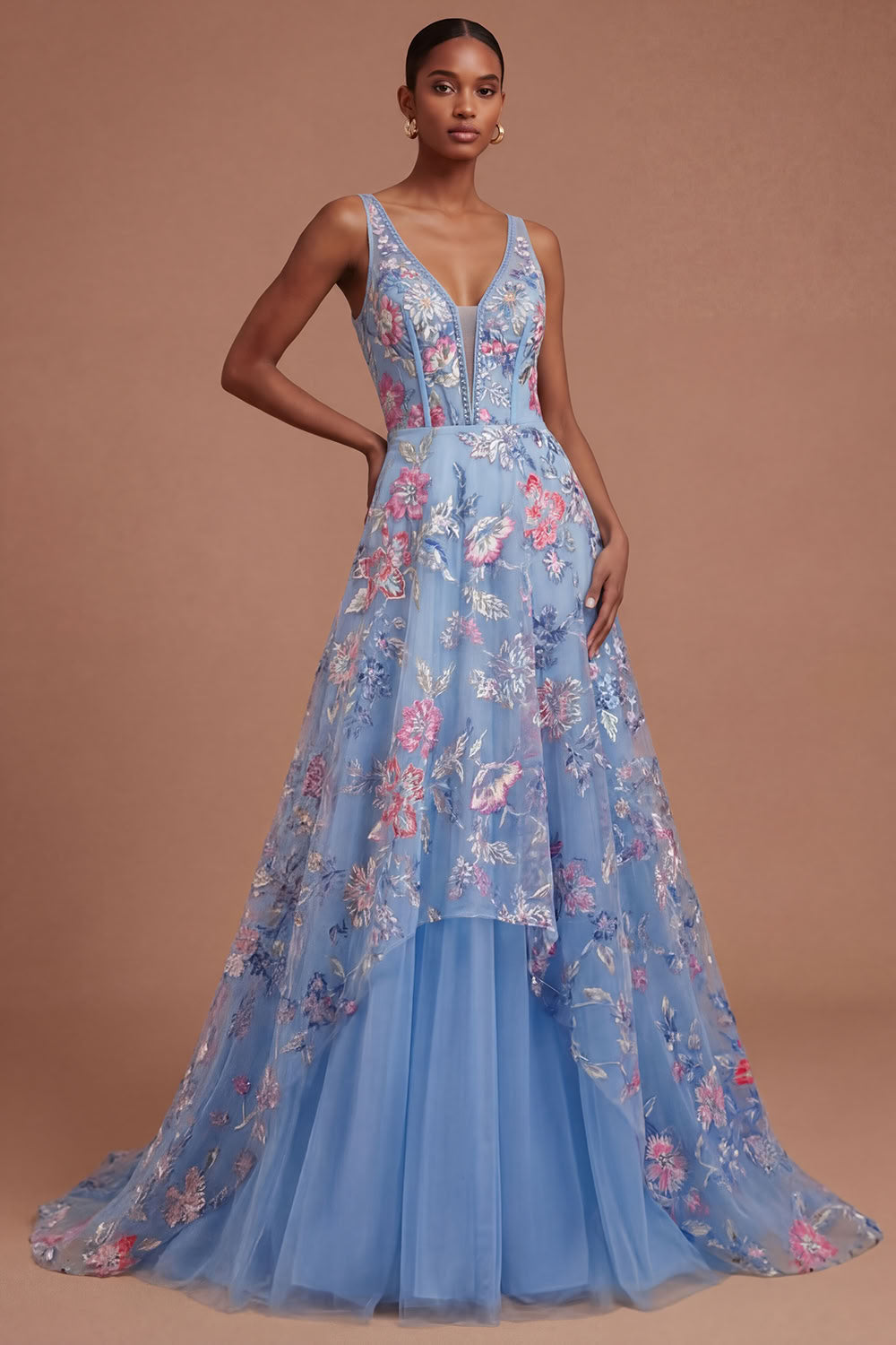 A Line Floral Corset Appliqued V Neck Long Prom Dress