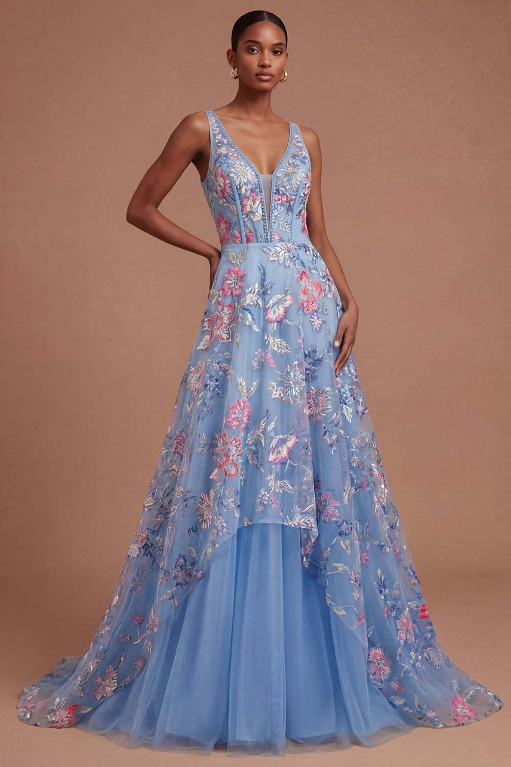 Leely Women A Line Floral Corset V Neck Long Prom Dress Appliqued Backless Sleeveless Evening Dress
