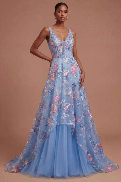 Leely Women A Line Floral Corset V Neck Long Prom Dress Appliqued Backless Sleeveless Evening Dress