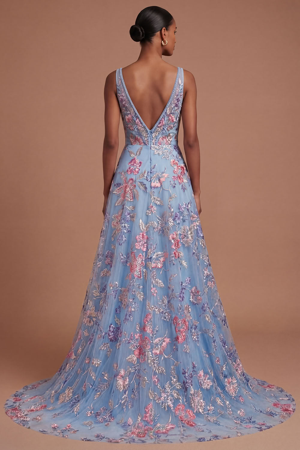 A Line Floral Corset Appliqued V Neck Long Prom Dress