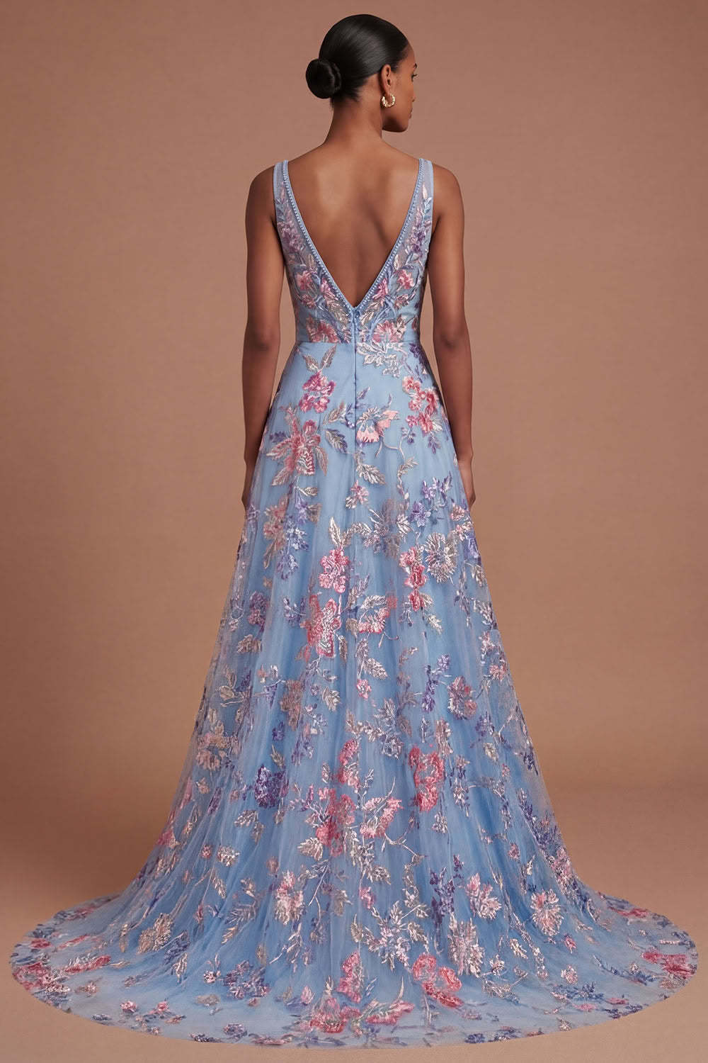 A Line Floral Corset Appliqued V Neck Long Prom Dress