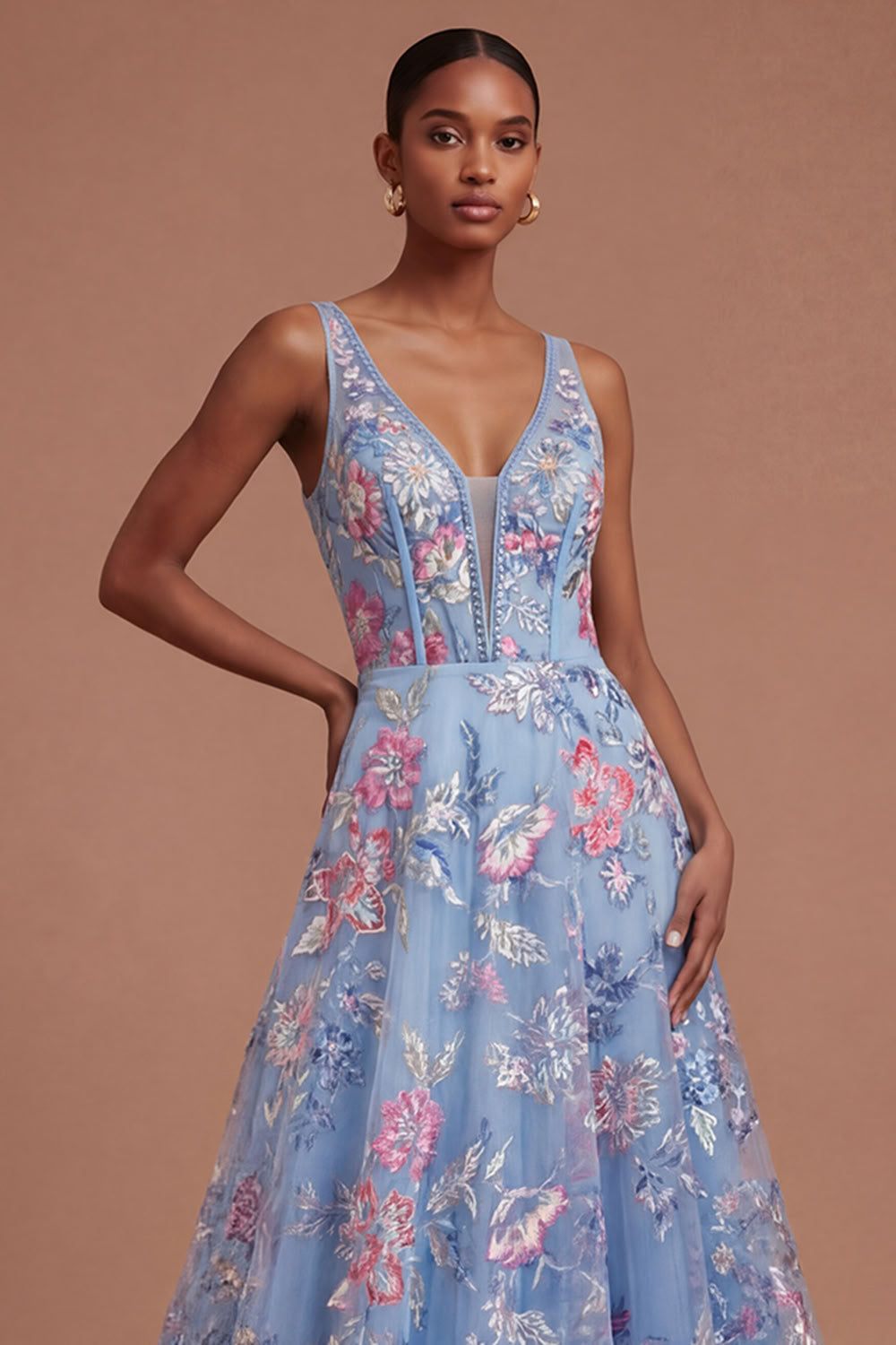 A Line Floral Corset Appliqued V Neck Long Prom Dress
