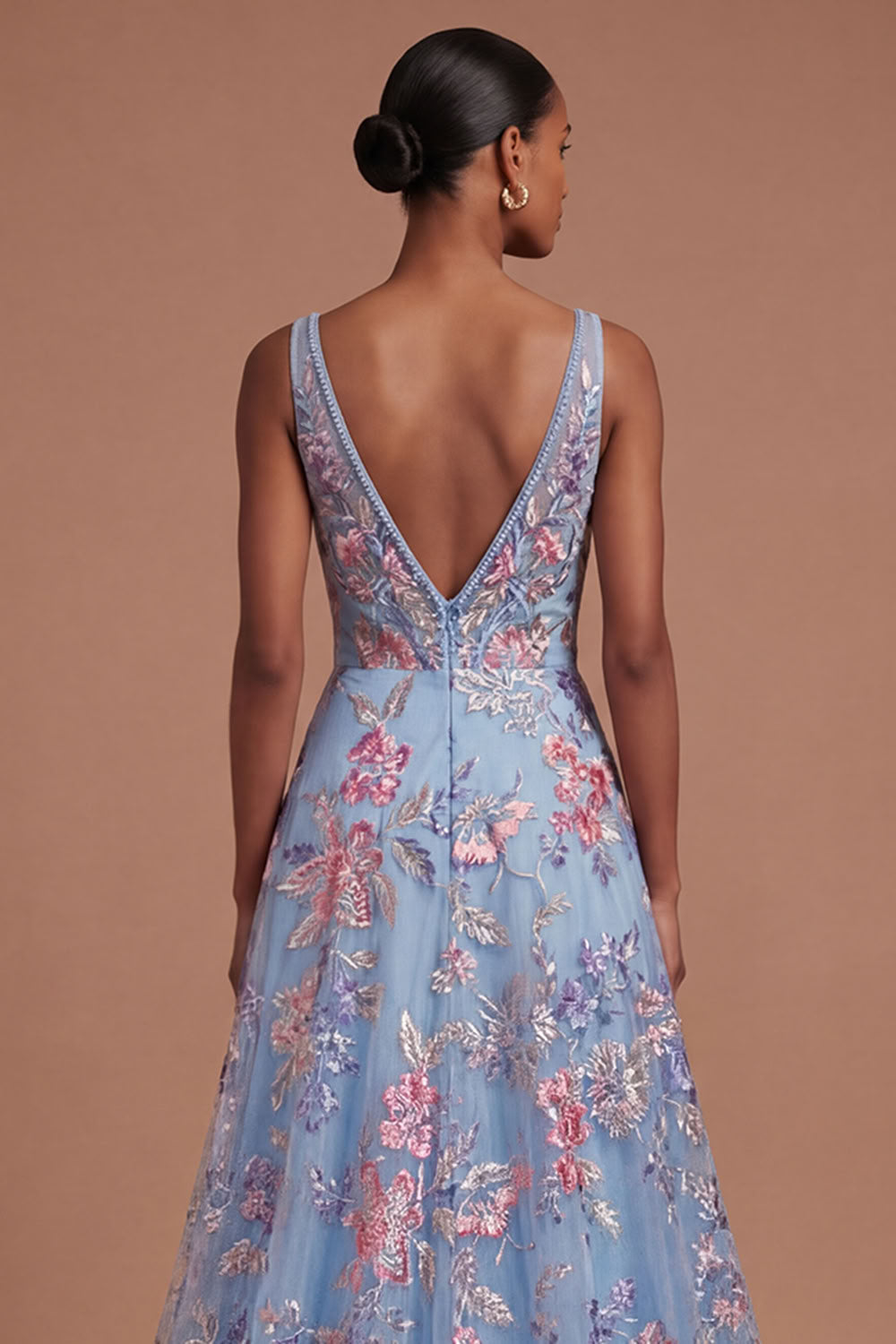 A Line Floral Corset Appliqued V Neck Long Prom Dress