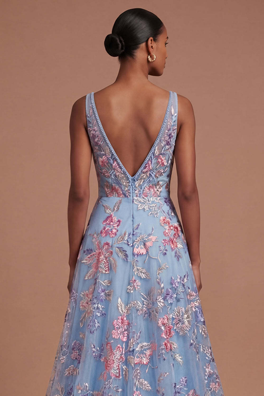 A Line Floral Corset Appliqued V Neck Long Prom Dress