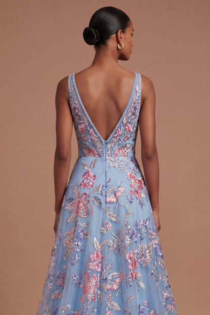 A Line Floral Corset Appliqued V Neck Long Prom Dress
