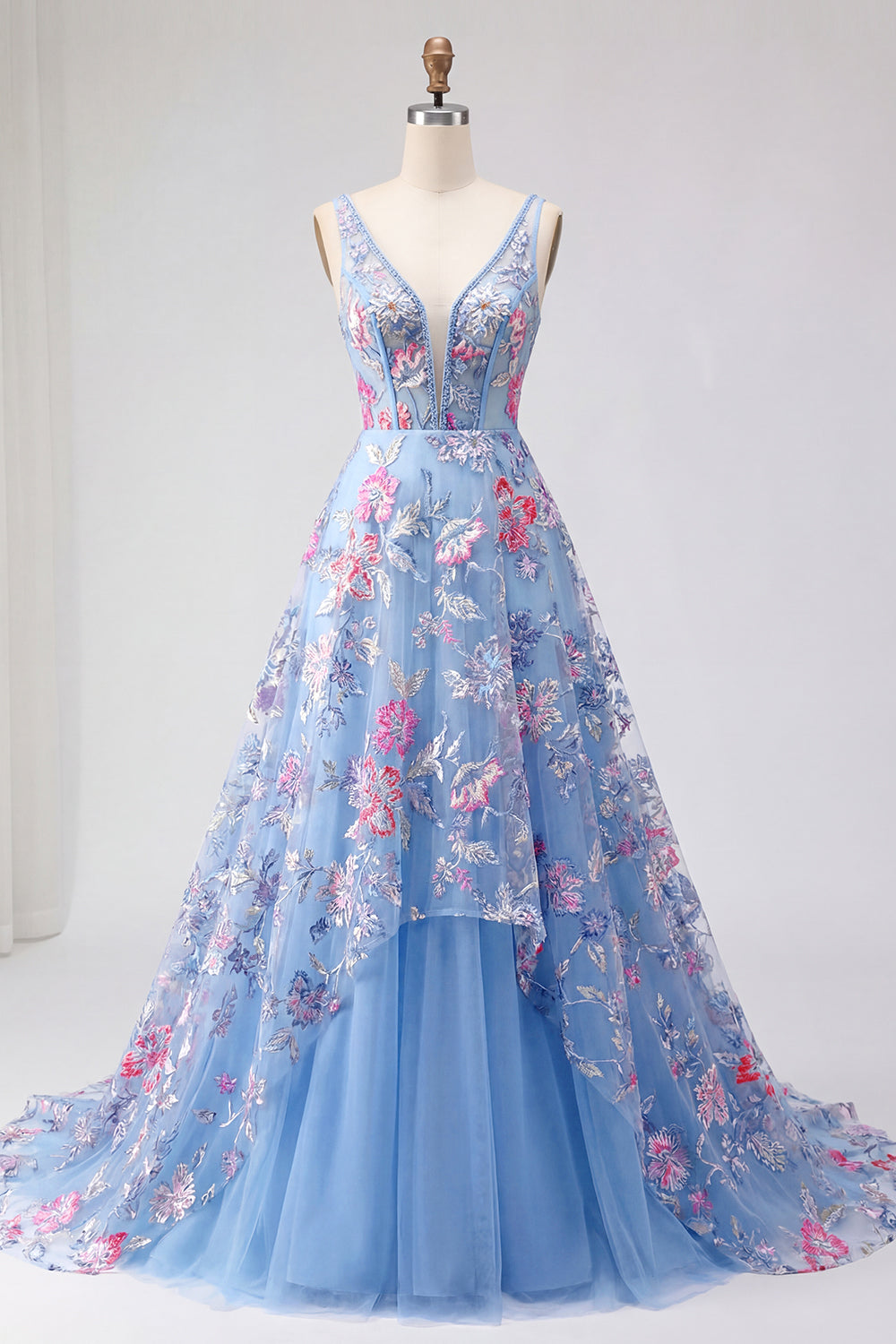 A Line Floral Corset Appliqued V Neck Long Prom Dress