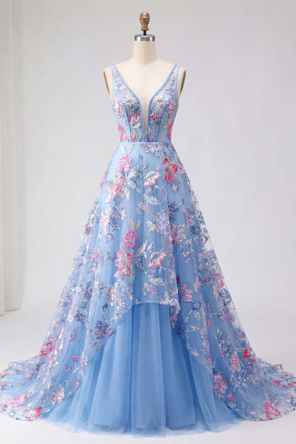 A Line Floral Corset Appliqued V Neck Long Prom Dress