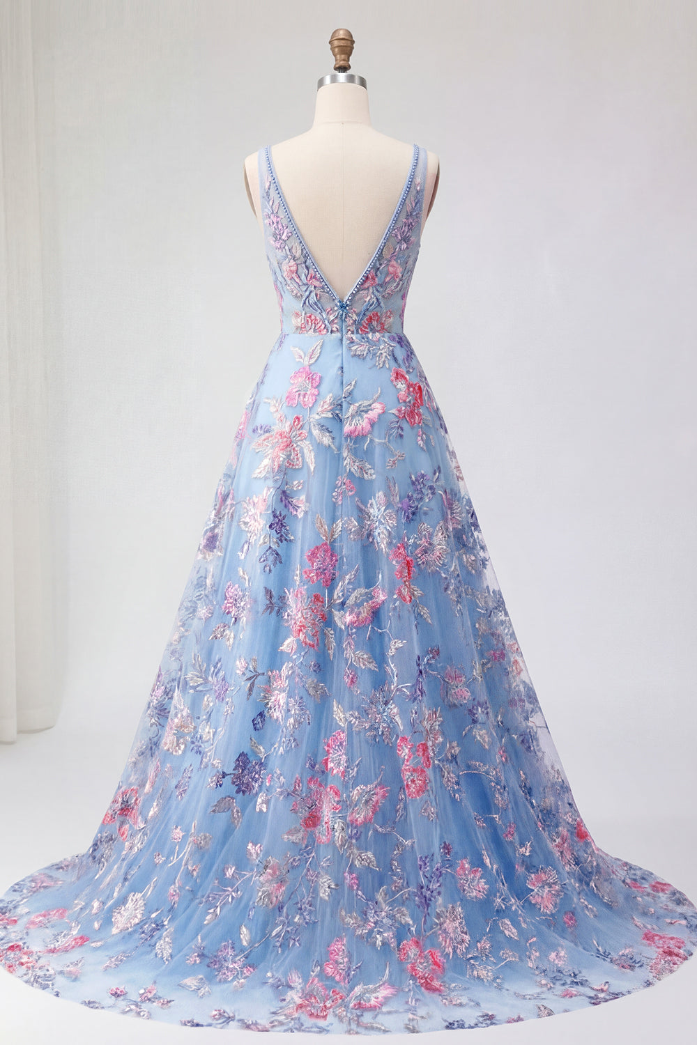 A Line Floral Corset Appliqued V Neck Long Prom Dress