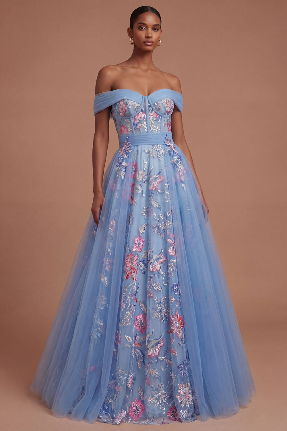Blue Off the Shoulder Floral A Line Backless Long Prom Dress