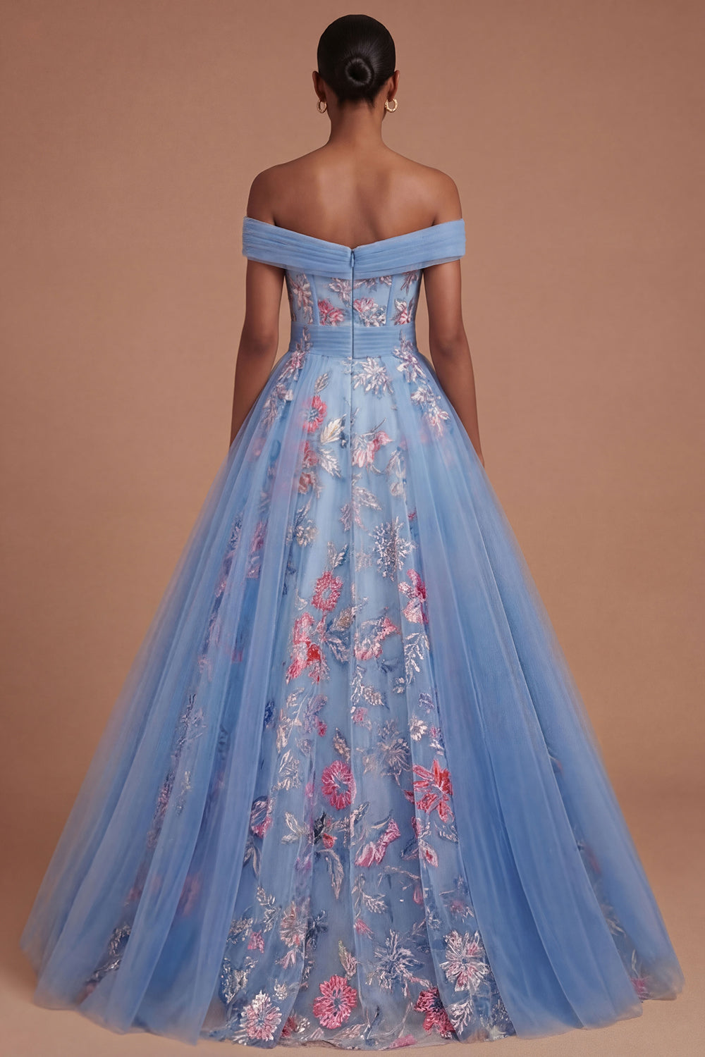 Blue Off the Shoulder Floral A Line Backless Long Prom Dress