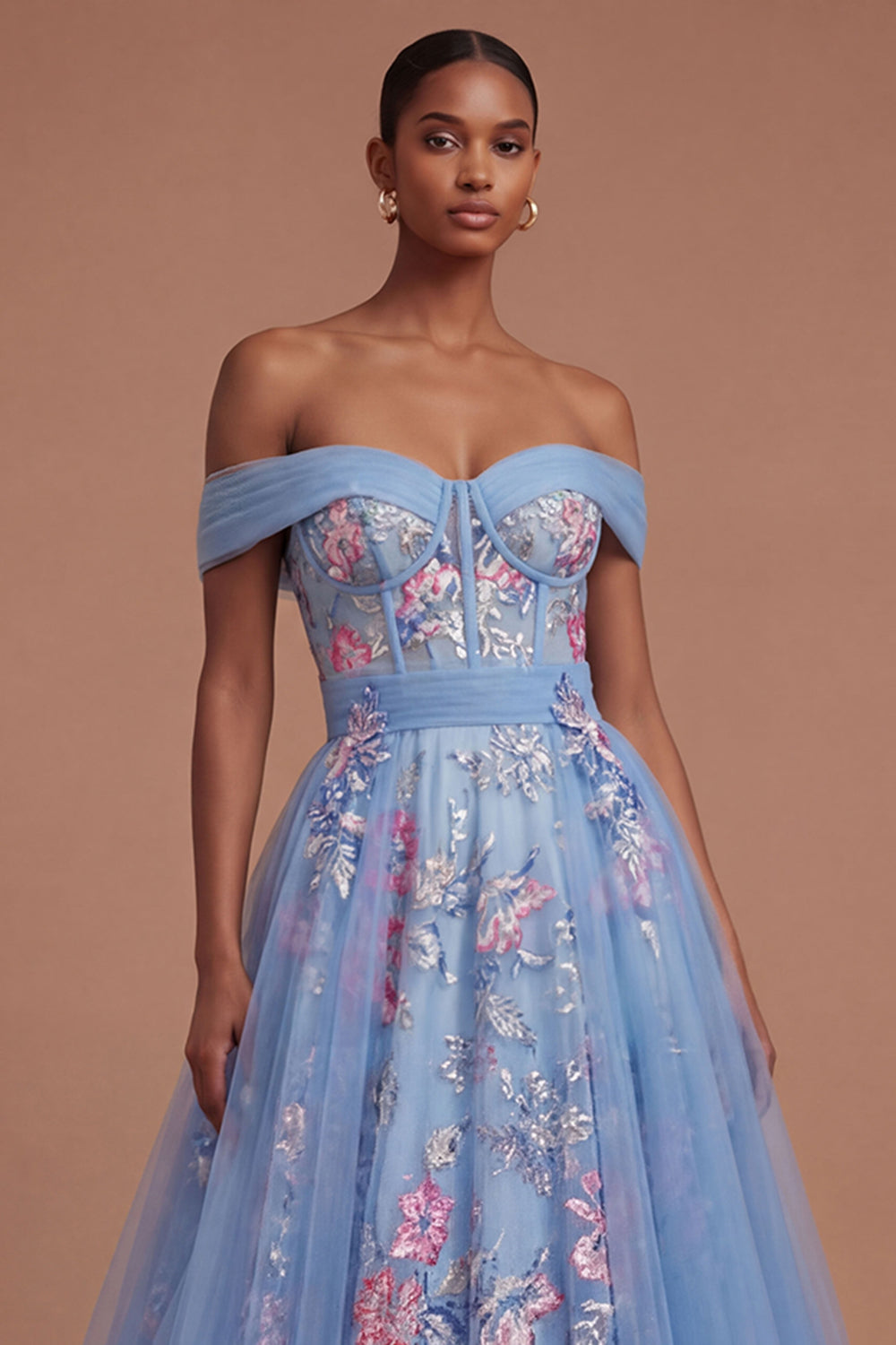 Blue Off the Shoulder Floral A Line Backless Long Prom Dress