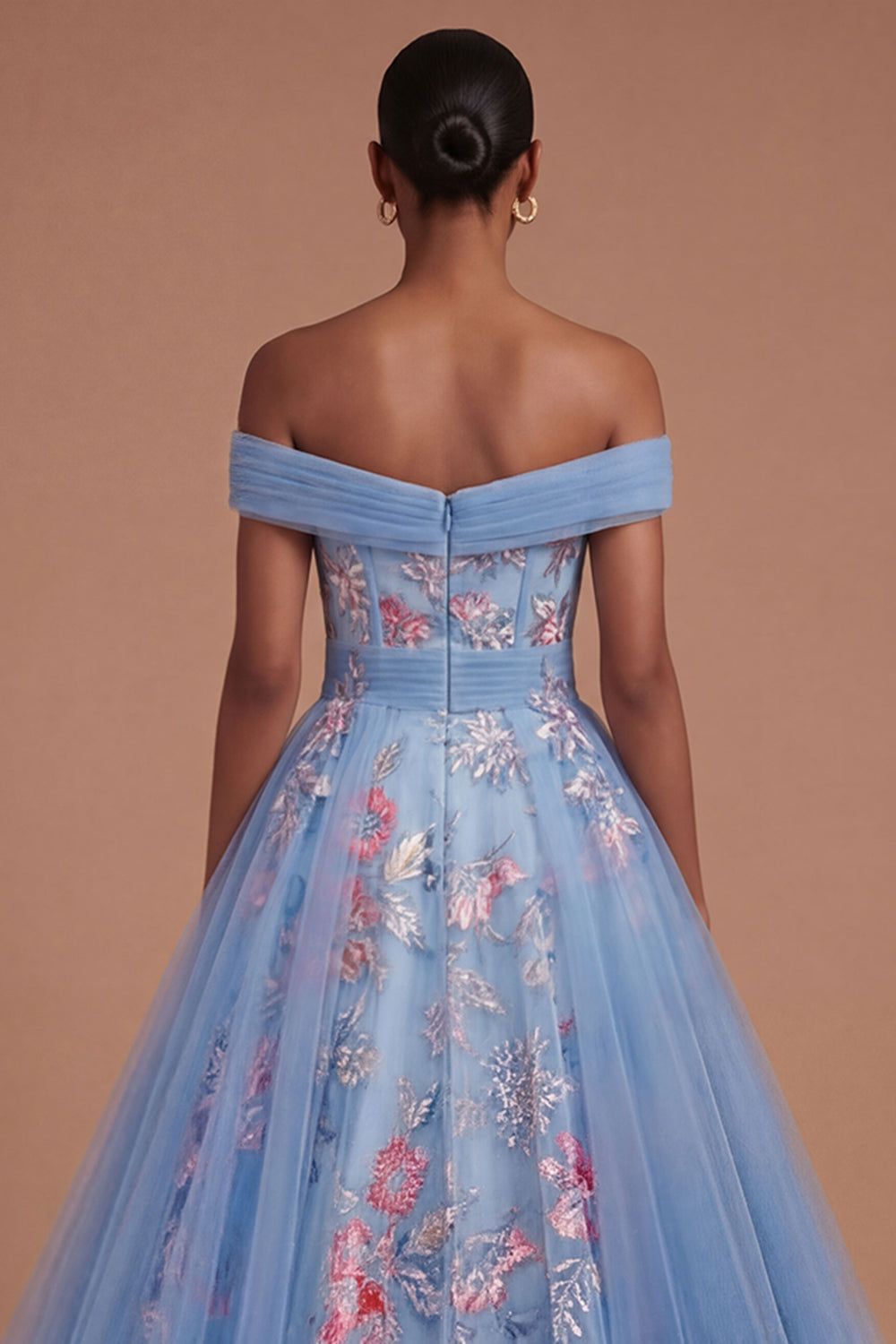 Blue Off the Shoulder Floral A Line Backless Long Prom Dress