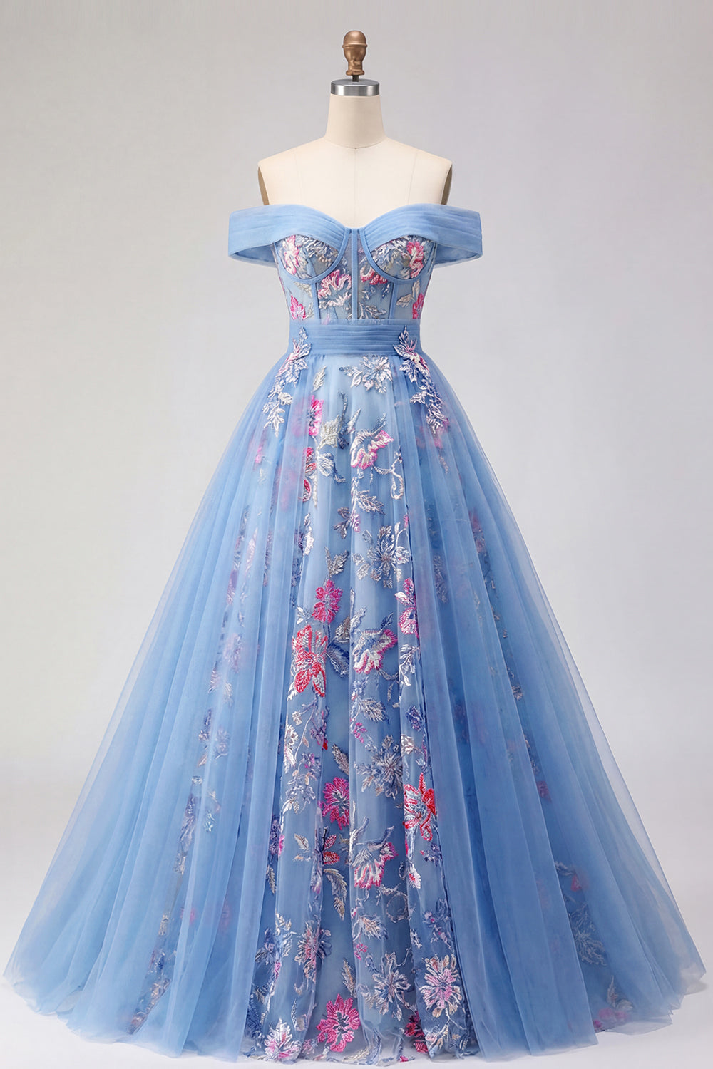 Blue Off the Shoulder Floral A Line Backless Long Prom Dress