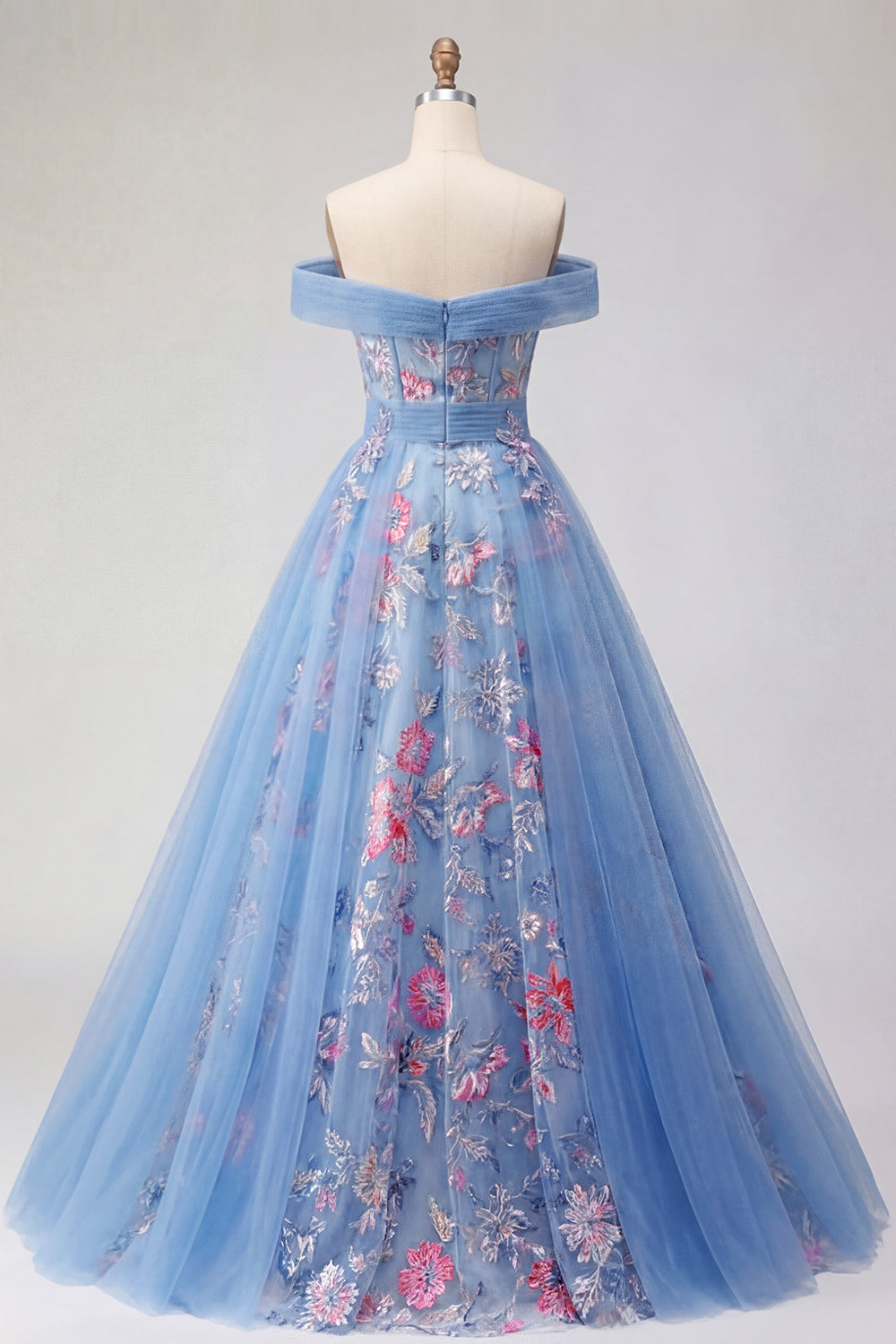 Blue Off the Shoulder Floral A Line Backless Long Prom Dress