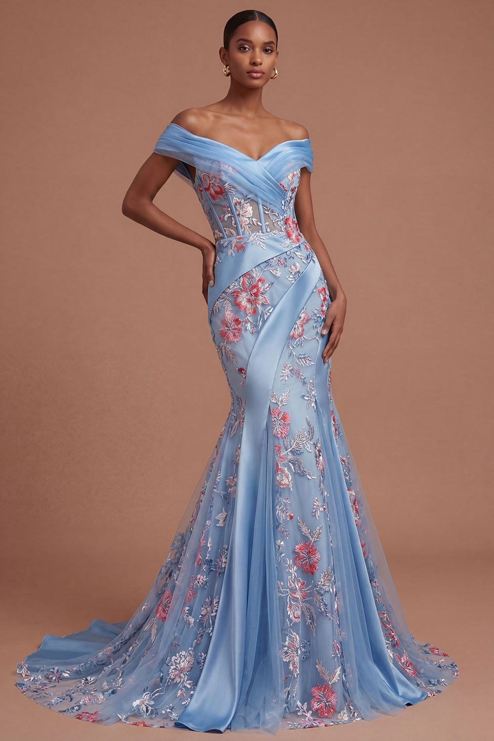 Leely Women Blue Off the Shoulder Floral Corset Mermaid Long Prom Dress Backless Satin Sleeveless Evening Dress