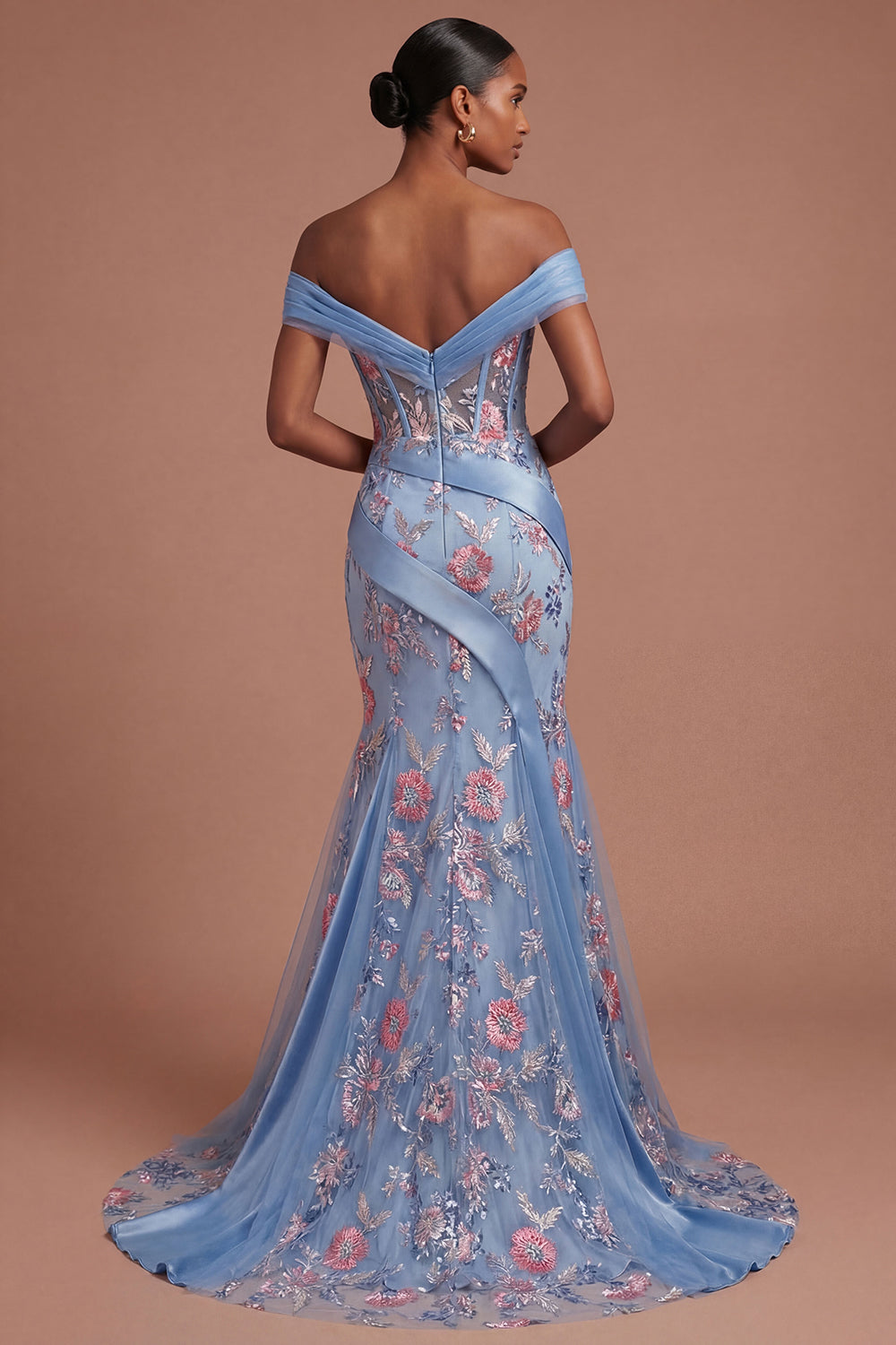 Blue Off the Shoulder Floral Corset Mermaid Long Prom Dress