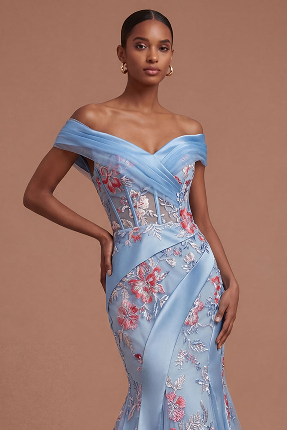 Blue Off the Shoulder Floral Corset Mermaid Long Prom Dress