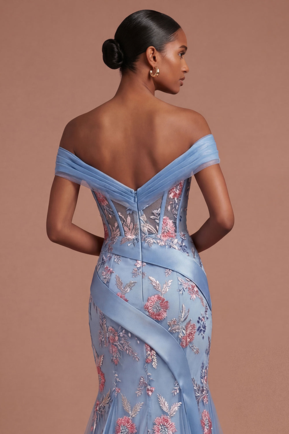 Blue Off the Shoulder Floral Corset Mermaid Long Prom Dress