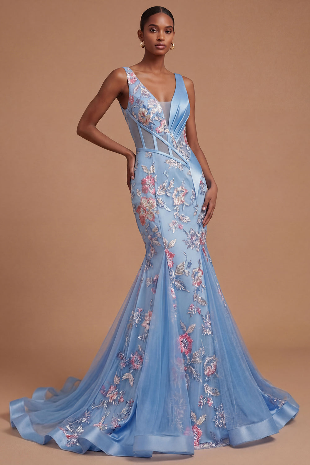 Leely Women Ruched Floral Mermaid Corset Blue Long Prom Dress Backless Satin Sleeveless Appliqued Evening Dress