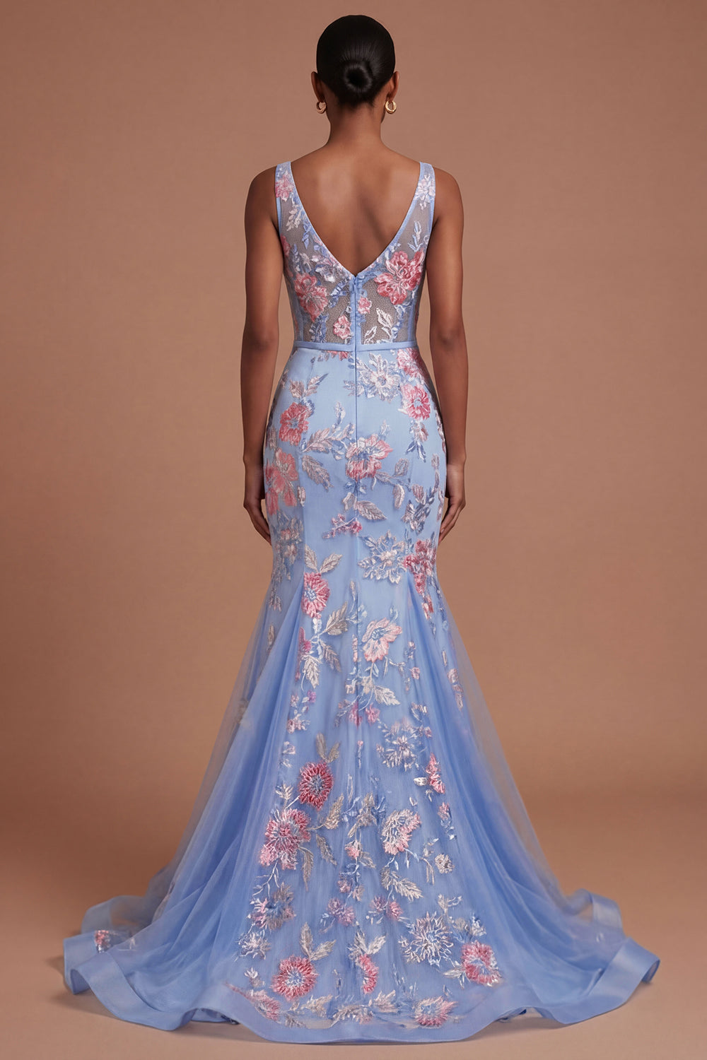 Ruched Floral Mermaid Corset Blue Long Prom Dress