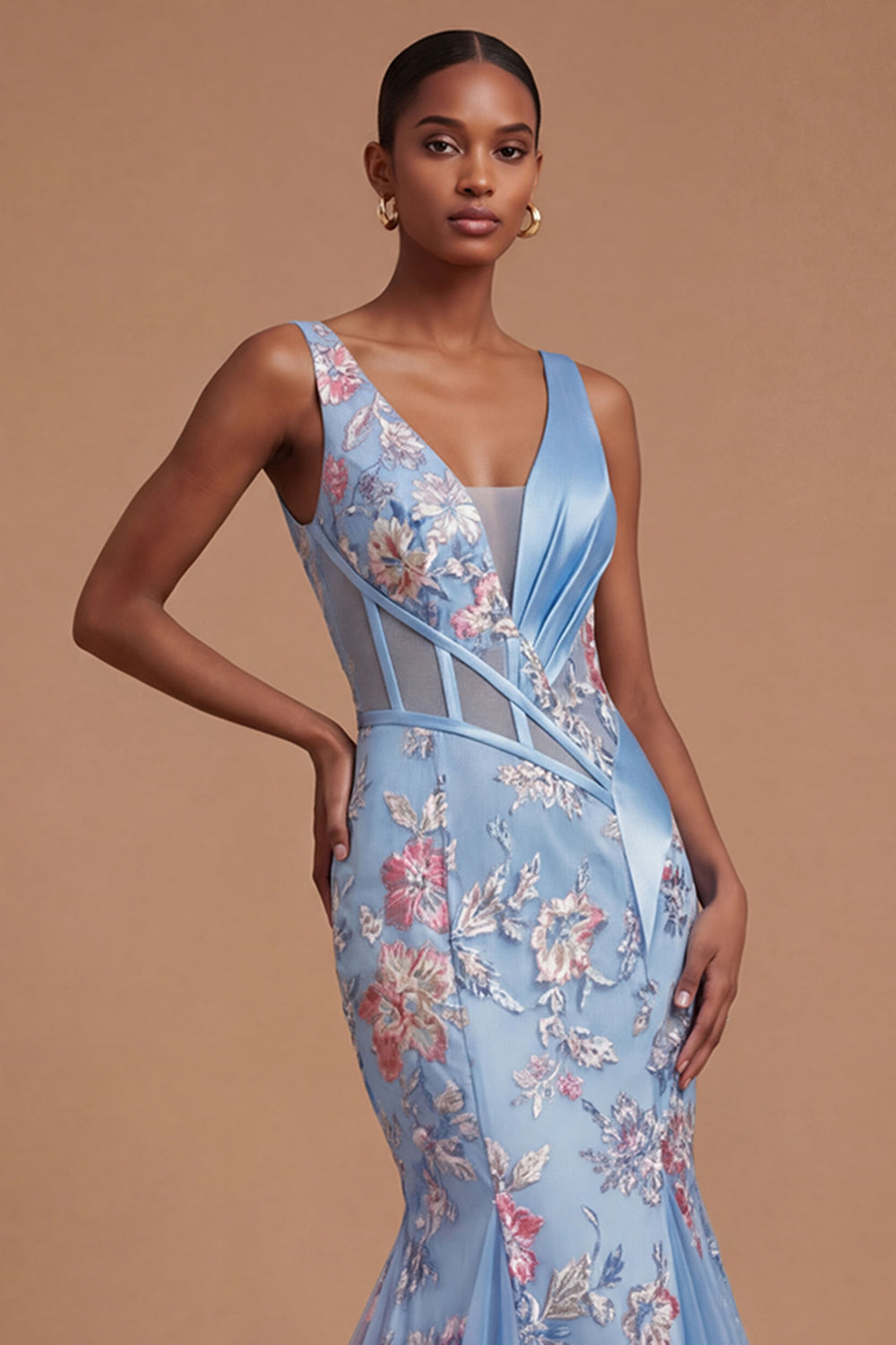 Ruched Floral Mermaid Corset Blue Long Prom Dress