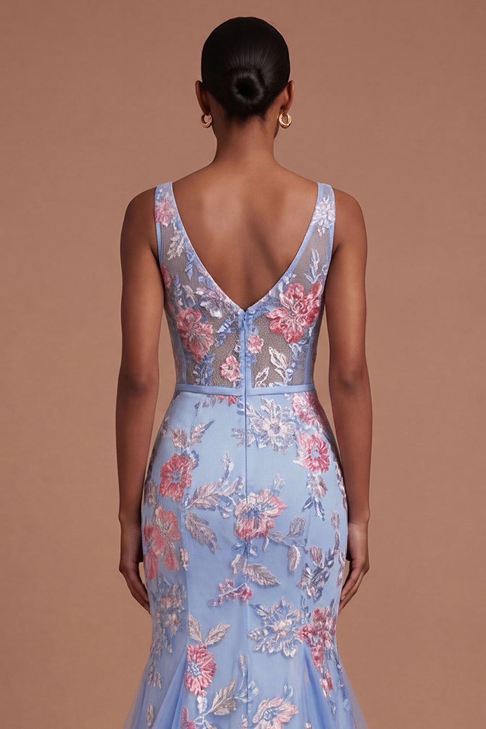 Ruched Floral Mermaid Corset Blue Long Prom Dress